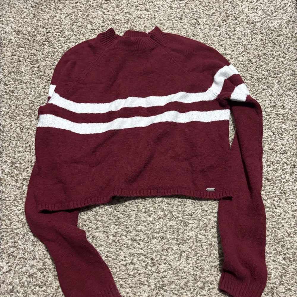 Hollister Maroon and White Striped Sweater